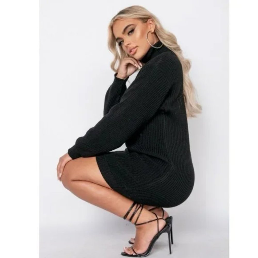 Black Knitted Long Sleeve Turtle Neck Loose Fit Mini Sweater Dress - Picture 8 of 9